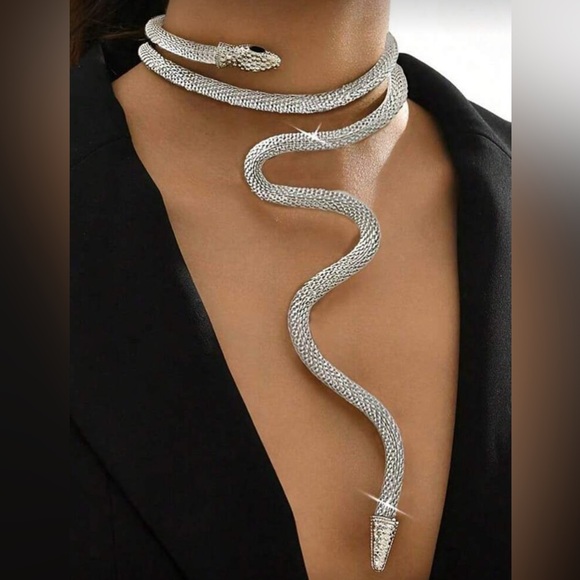 Silver Snake Statement Necklace Serpent Wrap Choker Bold Fashion Jewelry - Picture 2 of 3